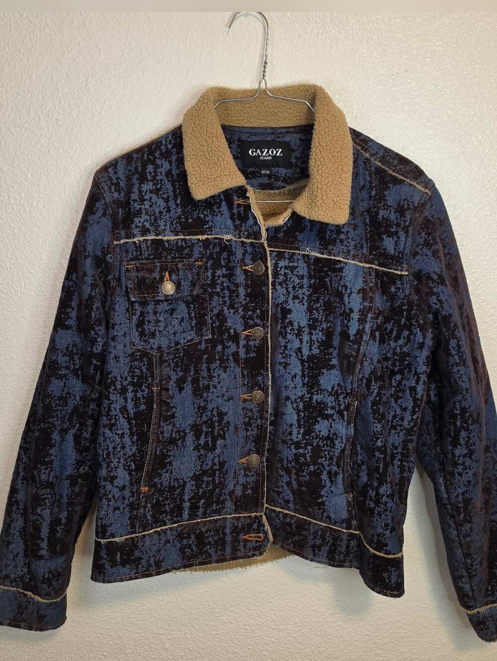 Vintage Gazoz Textured Denim Jacket with Sherpa Lining - Distressed Y2K